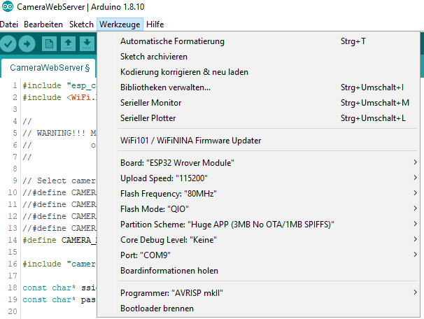 ESP 32 Wrover Module hochladen Einstellungen